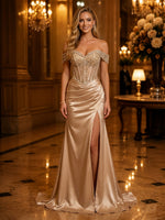 Satin Mermaid Off Shoulder Long Evening Dresses with Slit