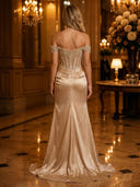 Satin Mermaid Off Shoulder Long Evening Dresses with Slit