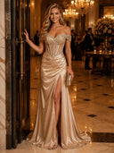 Satin Mermaid Off Shoulder Long Evening Dresses with Slit