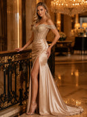 Satin Mermaid Off Shoulder Long Evening Dresses with Slit