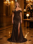 Satin Mermaid Off Shoulder Long Evening Dresses with Slit