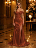 Satin Mermaid Off Shoulder Long Evening Dresses with Slit