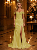 Satin Mermaid Off Shoulder Long Evening Dresses with Slit