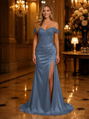 Satin Mermaid Off Shoulder Long Evening Dresses with Slit