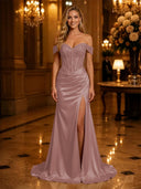 Satin Mermaid Off Shoulder Long Evening Dresses with Slit