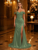 Satin Mermaid Off Shoulder Long Evening Dresses with Slit