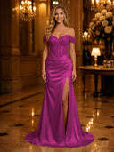 Satin Mermaid Off Shoulder Long Evening Dresses with Slit