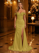 Satin Mermaid Off Shoulder Long Evening Dresses with Slit