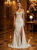 Satin Mermaid Off Shoulder Long Evening Dresses with Slit