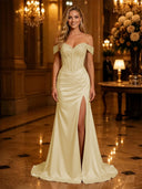 Satin Mermaid Off Shoulder Long Evening Dresses with Slit