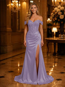 Satin Mermaid Off Shoulder Long Evening Dresses with Slit