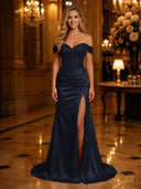 Satin Mermaid Off Shoulder Long Evening Dresses with Slit