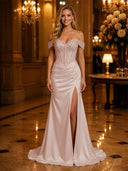 Satin Mermaid Off Shoulder Long Evening Dresses with Slit