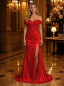 Satin Mermaid Off Shoulder Long Evening Dresses with Slit