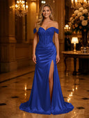 Satin Mermaid Off Shoulder Long Evening Dresses with Slit
