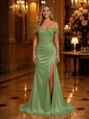 Satin Mermaid Off Shoulder Long Evening Dresses with Slit