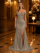 Satin Mermaid Off Shoulder Long Evening Dresses with Slit