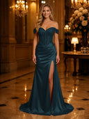 Satin Mermaid Off Shoulder Long Evening Dresses with Slit