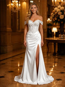 Satin Mermaid Off Shoulder Long Evening Dresses with Slit