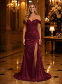 Satin Mermaid Off Shoulder Long Evening Dresses with Slit
