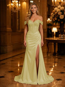Satin Mermaid Off Shoulder Long Evening Dresses with Slit