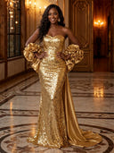 Sequin Mermaid Strapless Long Evening Dresses with Flowers