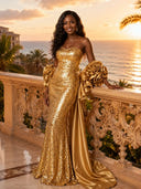 Sequin Mermaid Strapless Long Evening Dresses with Flowers