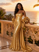 Sequin Mermaid Strapless Long Evening Dresses with Flowers