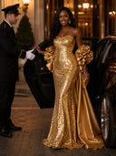 Sequin Mermaid Strapless Long Evening Dresses with Flowers
