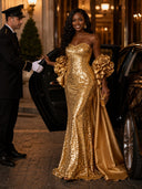 Sequin Mermaid Strapless Long Evening Dresses with Flowers