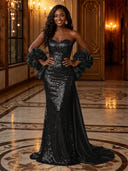 Sequin Mermaid Strapless Long Evening Dresses with Flowers