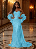 Sequin Mermaid Strapless Long Evening Dresses with Flowers