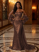 Sequin Mermaid Strapless Long Evening Dresses with Flowers