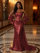 Sequin Mermaid Strapless Long Evening Dresses with Flowers