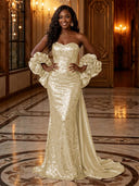 Sequin Mermaid Strapless Long Evening Dresses with Flowers