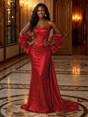 Sequin Mermaid Strapless Long Evening Dresses with Flowers