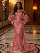 Sequin Mermaid Strapless Long Evening Dresses with Flowers