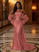 Sequin Mermaid Strapless Long Evening Dresses with Flowers