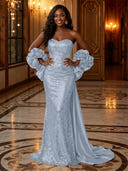 Sequin Mermaid Strapless Long Evening Dresses with Flowers