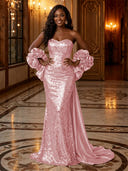 Sequin Mermaid Strapless Long Evening Dresses with Flowers
