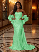 Sequin Mermaid Strapless Long Evening Dresses with Flowers