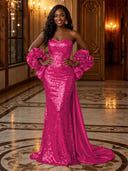 Sequin Mermaid Strapless Long Evening Dresses with Flowers