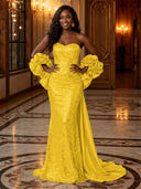 Sequin Mermaid Strapless Long Evening Dresses with Flowers