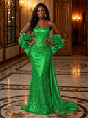 Sequin Mermaid Strapless Long Evening Dresses with Flowers
