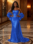 Sequin Mermaid Strapless Long Evening Dresses with Flowers