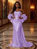 Sequin Mermaid Strapless Long Evening Dresses with Flowers