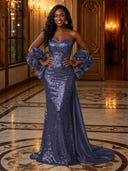 Sequin Mermaid Strapless Long Evening Dresses with Flowers