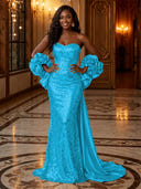 Sequin Mermaid Strapless Long Evening Dresses with Flowers