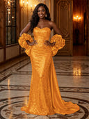 Sequin Mermaid Strapless Long Evening Dresses with Flowers