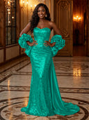 Sequin Mermaid Strapless Long Evening Dresses with Flowers